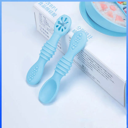 Food Grade Silicone Baby Training Fork Spoon Set for Teeth Grinding Complementary Rice Paste Baby Feeding Tableware