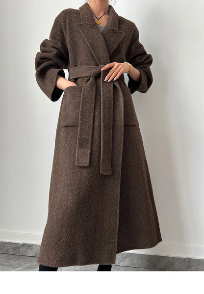 Office Lady Woolen Jackets 2024 Autumn And Winter Bathrobe Style Pocket Double-Sided Loose Lace -Up Tie Women's Long Wool Coats