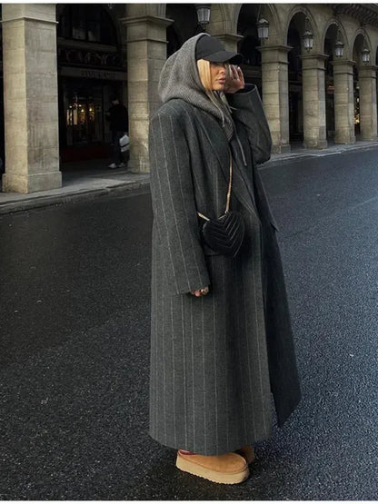 Retro Striped Lapel Woolen Long Coat Women Casual Loose Dark Grey Oversize Coats Female Winter Elegant Chic Outwear