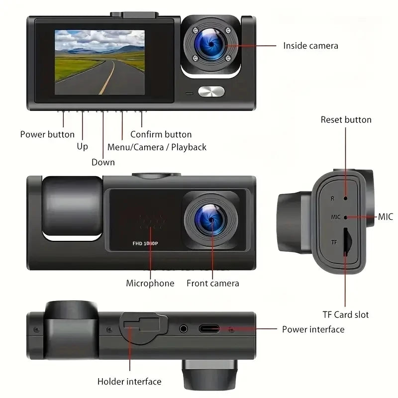 1080P Car Dvr 3 Camra Dash Cam for Cars Camera for Vehicle Recorder Video Front and Rear Camera W/ IR Night Vision Dashcam