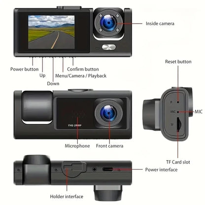 1080P Car Dvr 3 Camra Dash Cam for Cars Camera for Vehicle Recorder Video Front and Rear Camera W/ IR Night Vision Dashcam