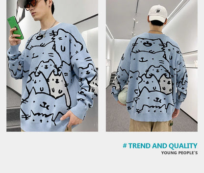 Autumn Cotton Anime Sweaters Men Retro Harajuku Vintage Oversized Sweaters Loose Cute Cartoon Cat Pullovers Homme Men Clothing