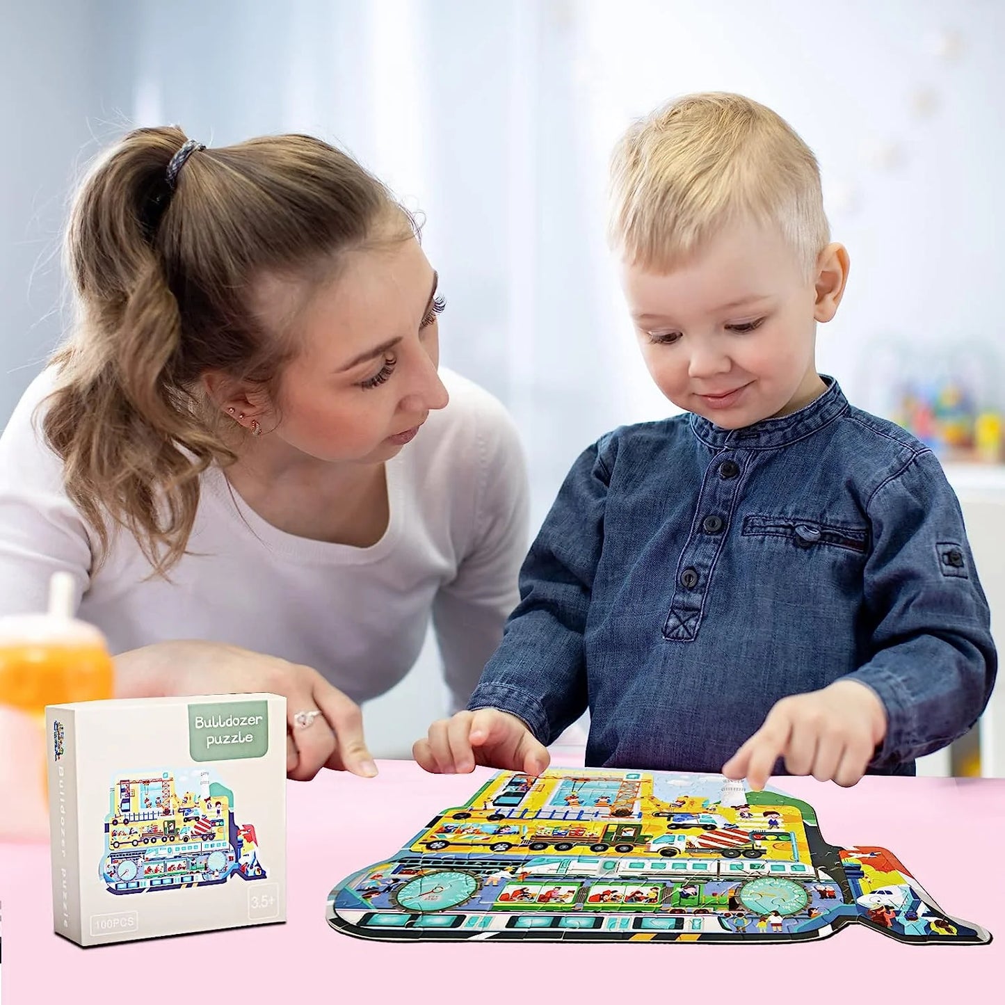 Puzzles for Kids Ages 4-10,100 Piece Puzzles for Kids Bulldozer Construction Vehicles Shaped Jigsaw Puzzle Christmas Birthday Gi