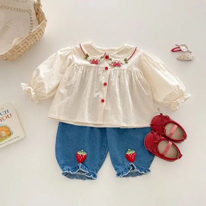 Girls Fashion Shirt 2025 New Spring Baby Korean Long Sleeve Shirt Children Spring Strawberry Peter Pan Collar Top