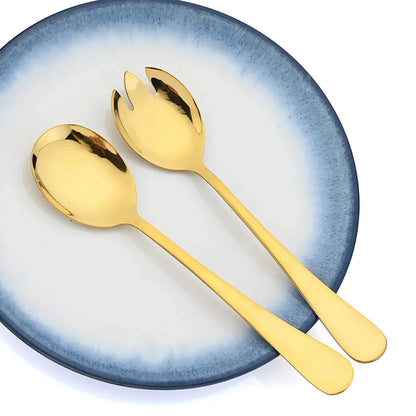 2Pcs Gold Salad Spoon Fork Stainless Steel Salad Server European Style Salad Cutlery Set Kitchen Tool Accessories