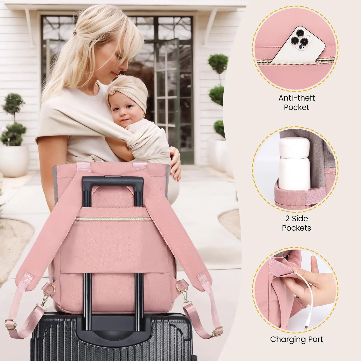 15.6 Inch Diaper Bag Tote with Insulated Pocket Baby Bag for Girl Boy with Changing Pad Large Baby Diaper Bag with Pacifier Case