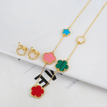 Irregular New Double Sided Natural Stone Shell Plant Five Leaf Flower Jewelry Set Necklace Earrings Women's High Quality Clover
