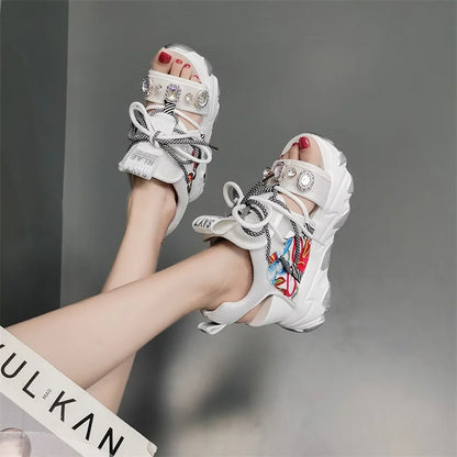 Comemore Leisure Lady Platform Chunky Sandals Mixed Color Shoes Sports Wedge White Sandals Women High Heel Beach Casual Shoes 39