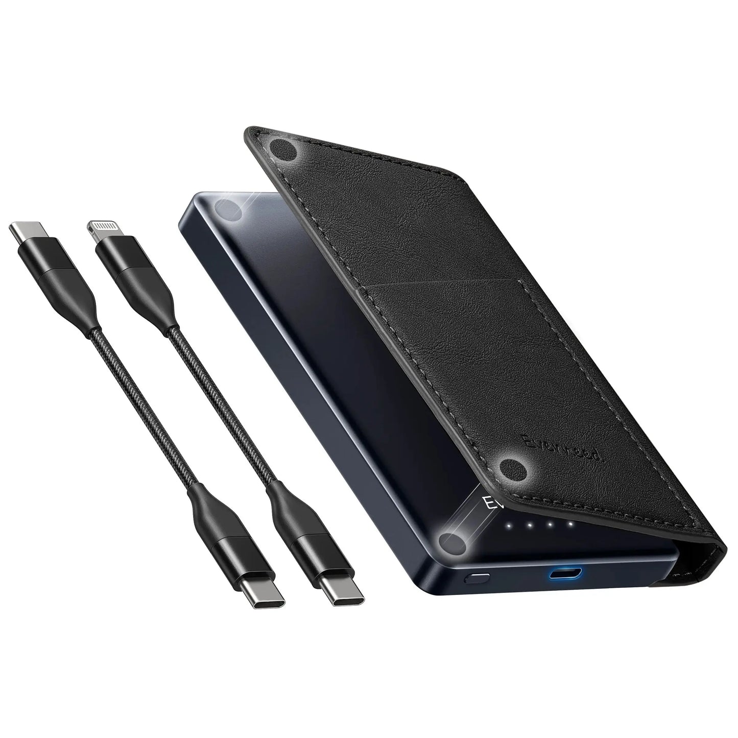 【PD 20W】Portable Power Bank with Wallet Case, 5000mAh Built-in Cable Fast Charging for Phone, USB-C, Slim portable charger