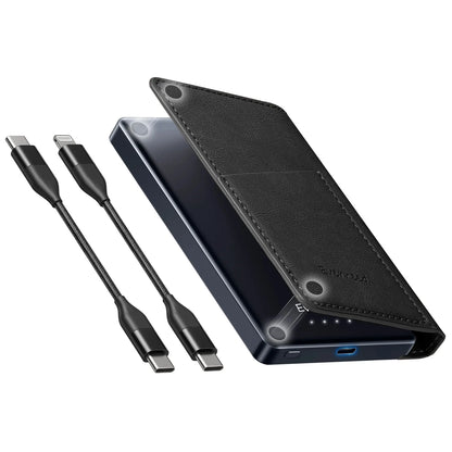 【PD 20W】Portable Power Bank with Wallet Case, 5000mAh Built-in Cable Fast Charging for Phone, USB-C, Slim portable charger