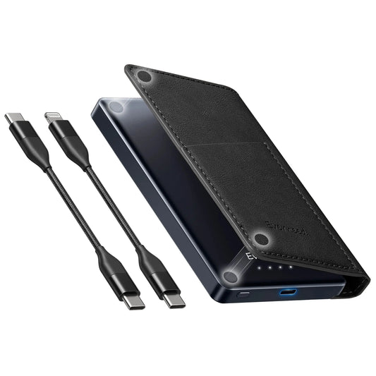 【PD 20W】Portable Power Bank with Wallet Case, 5000mAh Built-in Cable Fast Charging for Phone, USB-C, Slim portable charger