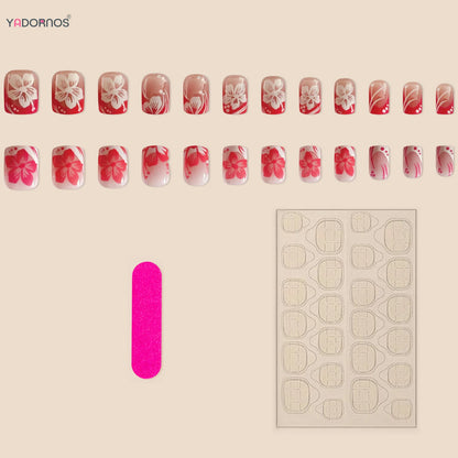 24Pcs Fairy White Flower Fake Nails Pink French Tip Press on Nails Short Square Wearable False Nail for Women Girls DIY Manicure