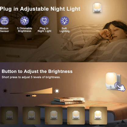 Smart LED Night Light with Sensor, Adjustable Brightness, Suitable for Bedroom, Bathroom, Corridor, Staircase, Kitchen - Plug-in