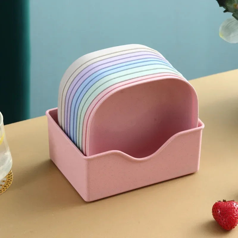 Reusable Food Serving Dishes with Rack, 10Pcs Square Wheat Straw Plates Salad Bowl