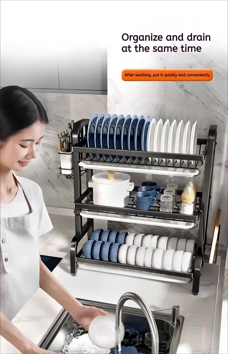Dish Drying Rack 3-Tier Compact Kitchen Dish Rack Drainboard Set Large Rust-Proof Dish Drainer with Utensil Holder Kitchen Racks