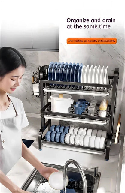 Dish Drying Rack 3-Tier Compact Kitchen Dish Rack Drainboard Set Large Rust-Proof Dish Drainer with Utensil Holder Kitchen Racks