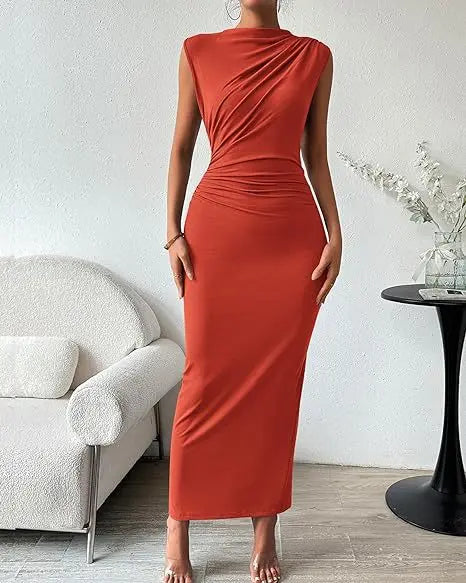 Women's Ruched Bodycon Dress Summer Casual Sleeveless Back Slit Elegant Club Evening Party Cocktail Maxi Dresses