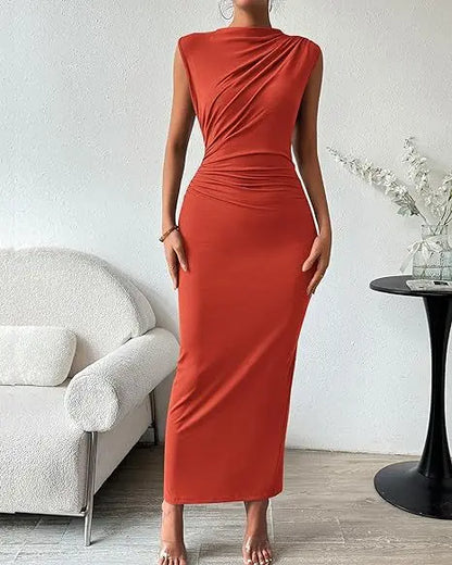 Women's Ruched Bodycon Dress Summer Casual Sleeveless Back Slit Elegant Club Evening Party Cocktail Maxi Dresses