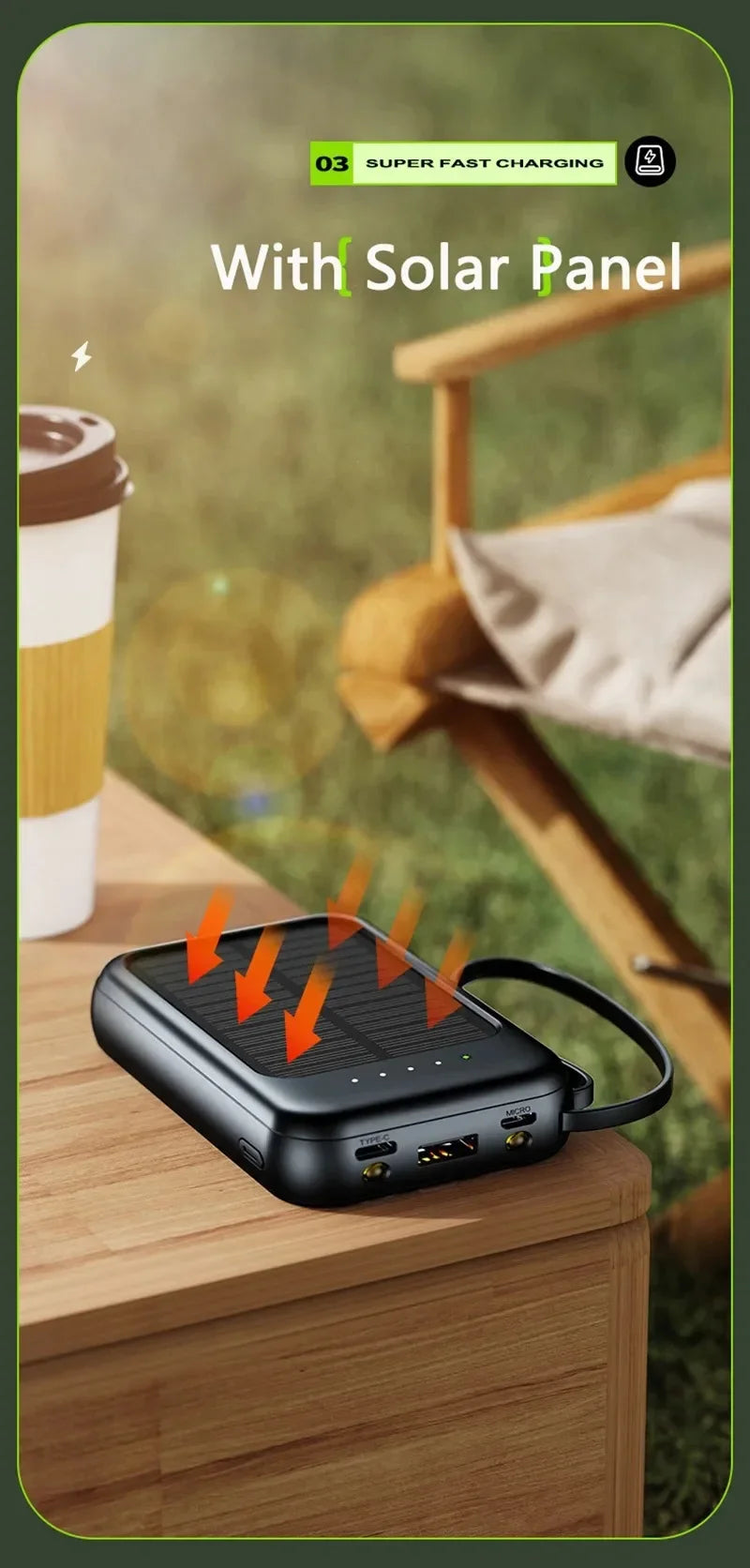 20000mAh High Capacity Solar Power Bank Built 4 Cables Fast Charger 2 USB Ports Portable External Powerbank LED Light Powerbank