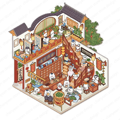 Cartoon 3D Chinatown Landscape Sticker Theater Pharmacy Restaurant DIY Pocket Cabin Scene Stickers Gift for Kid Child
