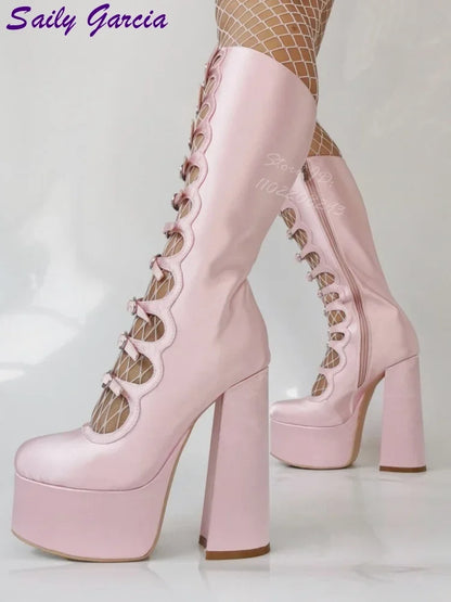 Platform Strappy Chunky Sandals Solid Thick Women Summer Boots Sexy Party Women Shoes Metal Button Fashion Leather Shallow