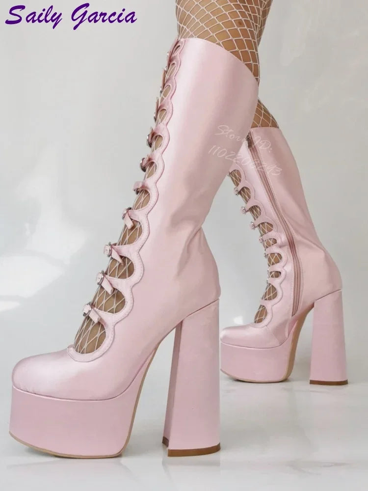 Platform Strappy Chunky Sandals Solid Thick Women Summer Boots Sexy Party Women Shoes Metal Button Fashion Leather Shallow