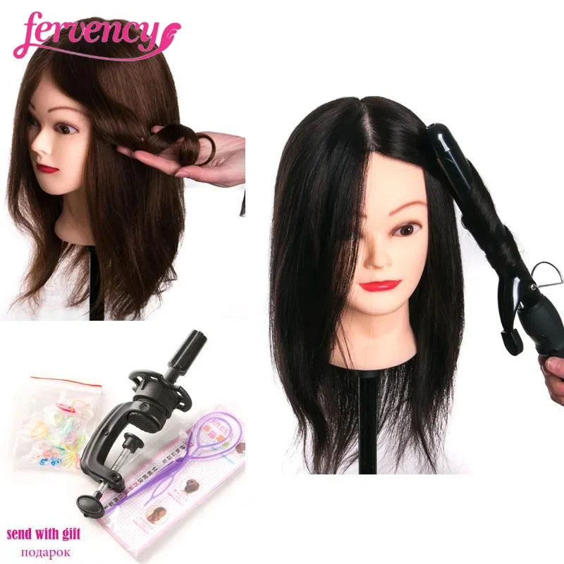 Human Hair Head Dolls for Hairdressers 16'' Brown Training Head Professional Mannequin Can be Curled with Gift