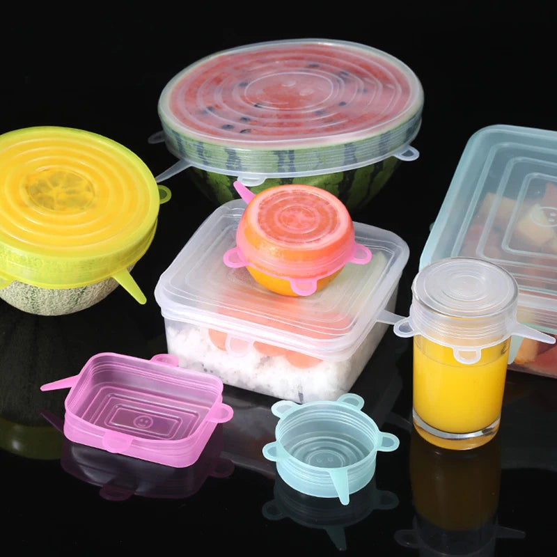 6PCS Square Silicone Stretch Lid Kitchen Tool Accessories Reusable Food Packaging Sealed Lid Keeps Fresh Elastic Bowl Lid