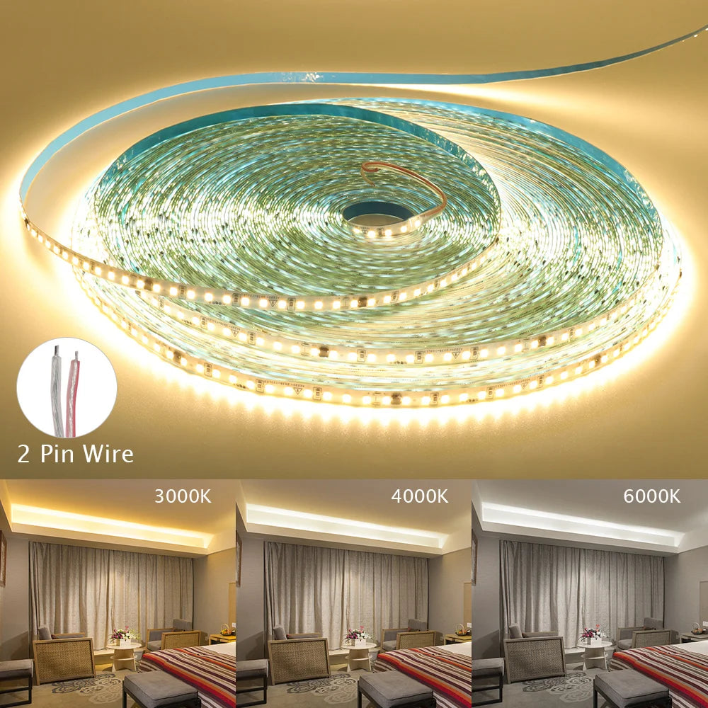5m 10m 20m 50m LED Strip Light AC 220V 230V 240V IP55 2835 120 LEDs Flexible Ribbon Rope Lights Tape 9 Colors Home Decoration