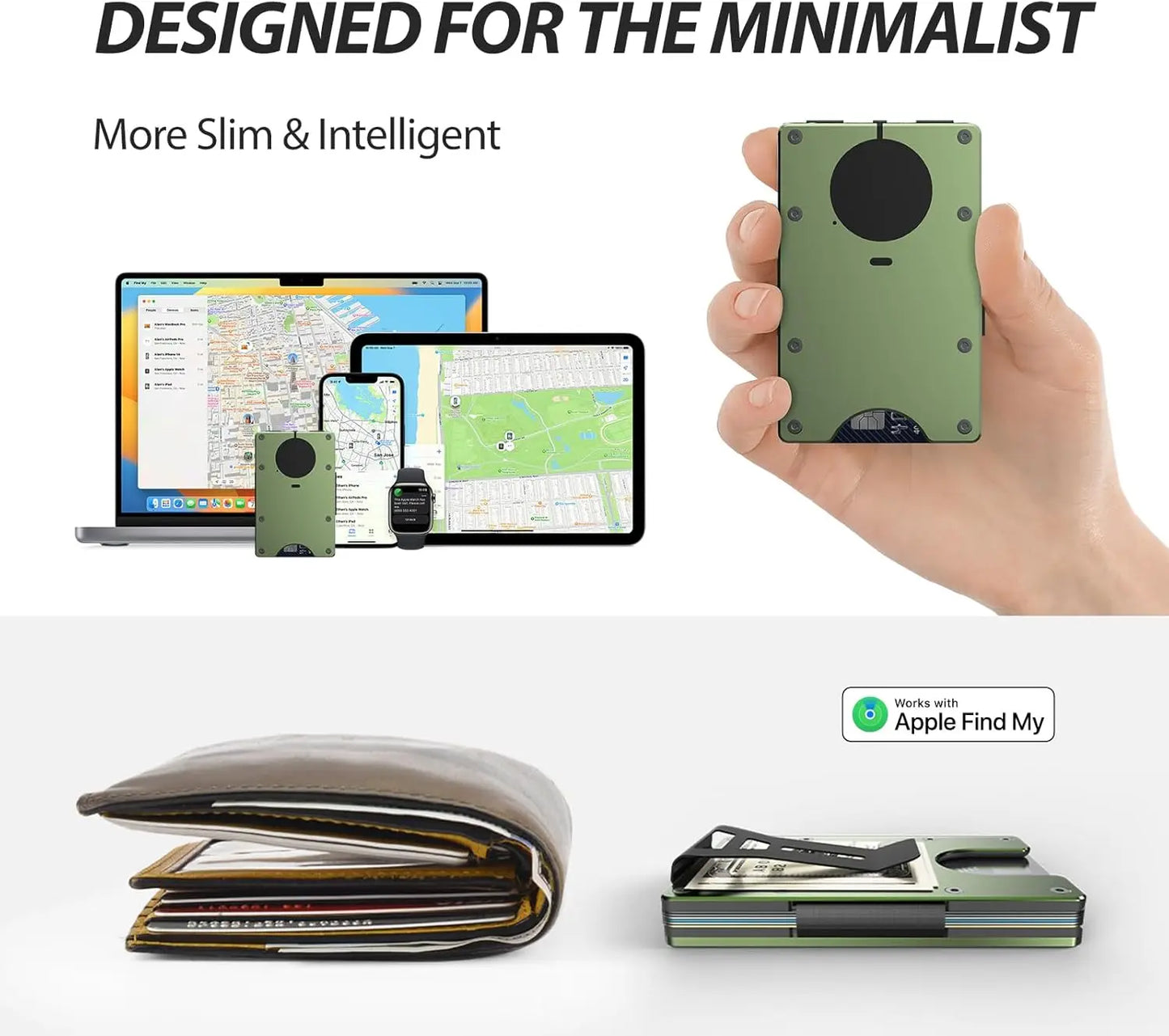 RFID Blocking Credit Card Holder, Slim Wallet For Men, Compatible with Find My iOS Only, Detachable Money Clip