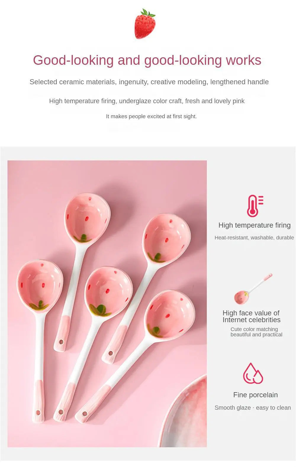 Strawberry Long Handled Ceramic Spoon Cute Household Stirring Spoon High Appearance Spoon Children's Soup Spoon