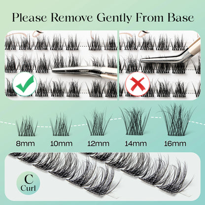 VYRILA Lash Extension Kit Wispy C Curl Lash Clusters Kit Hush 8-16mix Individual Lashes with Lash Bond and Seal Lash Tweezers