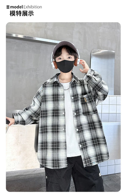 Baby Boys Shirts Fashion Classical Black White Color Plaid Blouse Gentlemen's Long Sleeve Shirt Teen Kids Tops Boys Clothes 5-14