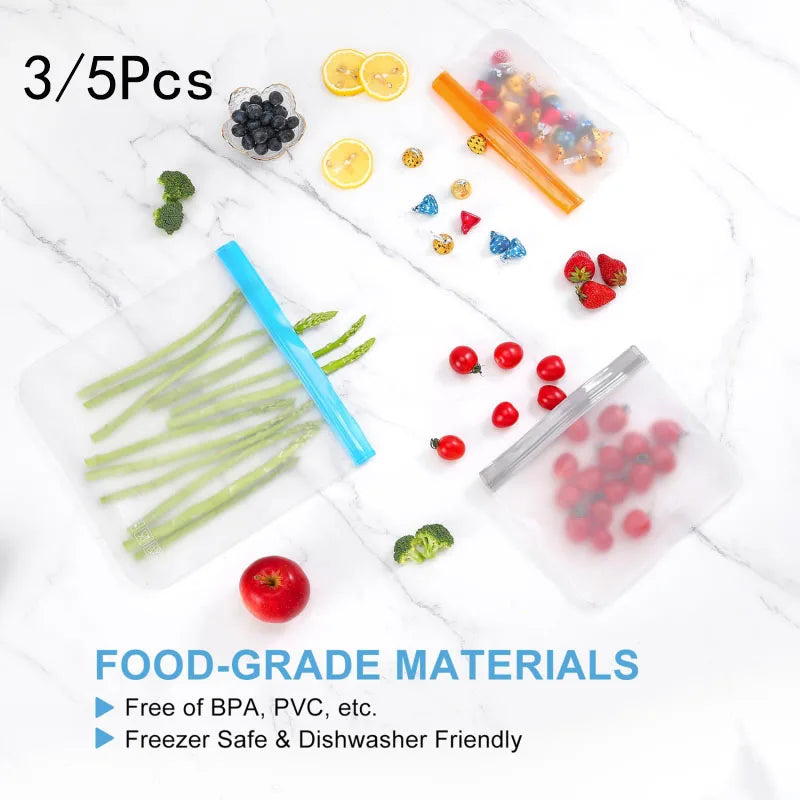 3/5pcs Silicone Food Storage Bag Reusable Up Zip Shut Bag Leakproof Fresh Bag Food Storage Bag Fresh Wrap Ziplock Bag