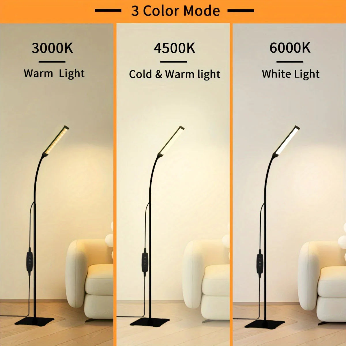 LED Floor Lamp, Eye Caring Reading dimmable desk lamp  flexible gooseneck [120 LED 3 color] for living room, bedroom, office