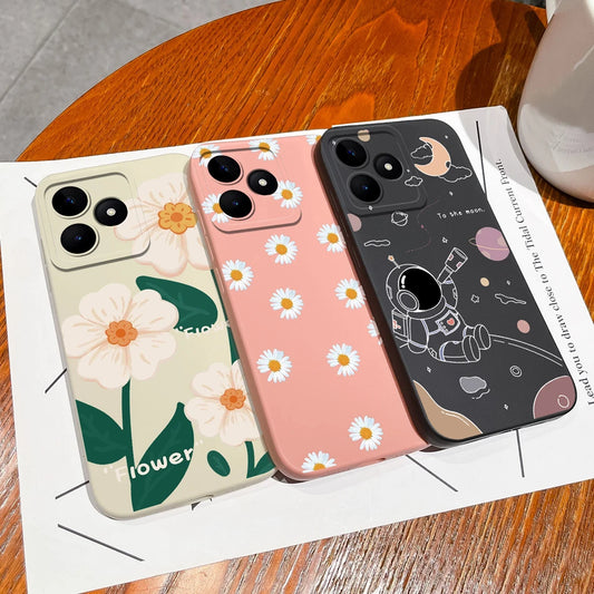 Case For Realme Note 50 Flower Painted Upgrade Lens Protection Soft Back Cover Model RMX3834 Liquid Silicone Phone Protectors