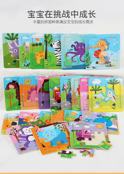 3D Puzzles Cartoon Animals Wooden Montessori Game Kids Cognitive Jigsaw Puzzle Baby Toys Educational Toys for Children Toddler