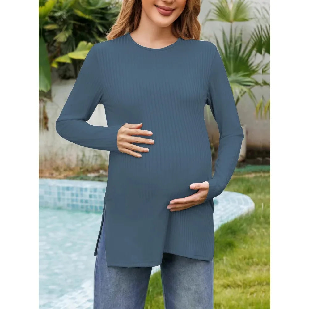 Spring New Maternity Clothes Round Neck Solid Color Slit Long Sleeve Base T-shirt Tops For Pregnant Women Maternity Wear