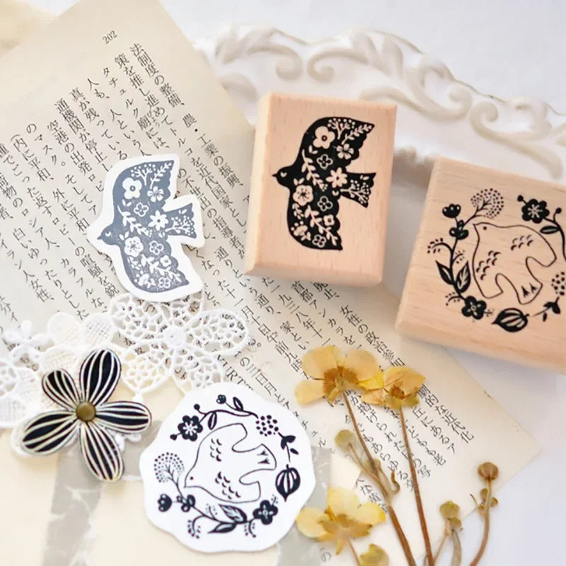 Stamp Scrapbooking Supplies Flower Petal Birds Stationary Kawaii Wooden Stamps