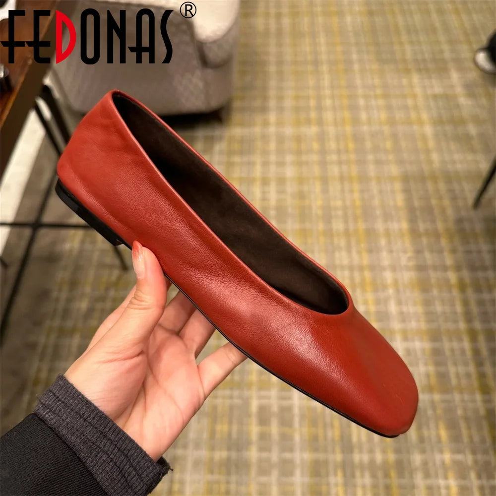 FEDONAS Fashion Classic Soft Genuine Leather Flats Shoes Elegant Basic Square Toe Flats Platforms Spring Summer Office Shoes