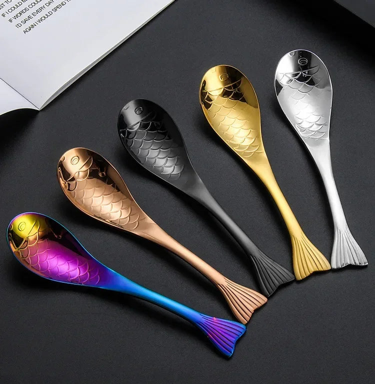 304 stainless steel spoon spoon creative fish-shaped cartoon fish spoon dessert spoon rice spoon gold-plated  stirring spoons