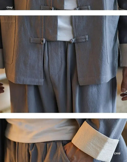 Traditional Chinese Men's Tang Suit Cotton Linen Ancient Costume Tea Servant Zen Meditation Clothing Middle Mountain Hanfu
