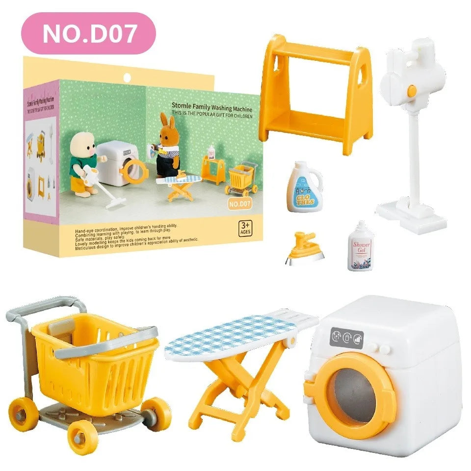 Dollhouse Furniture Set Doll house Bathroom/Kitchen/Fridge/Washing Machine Laundry Kids Doll House Miniature Pretend Play Toys