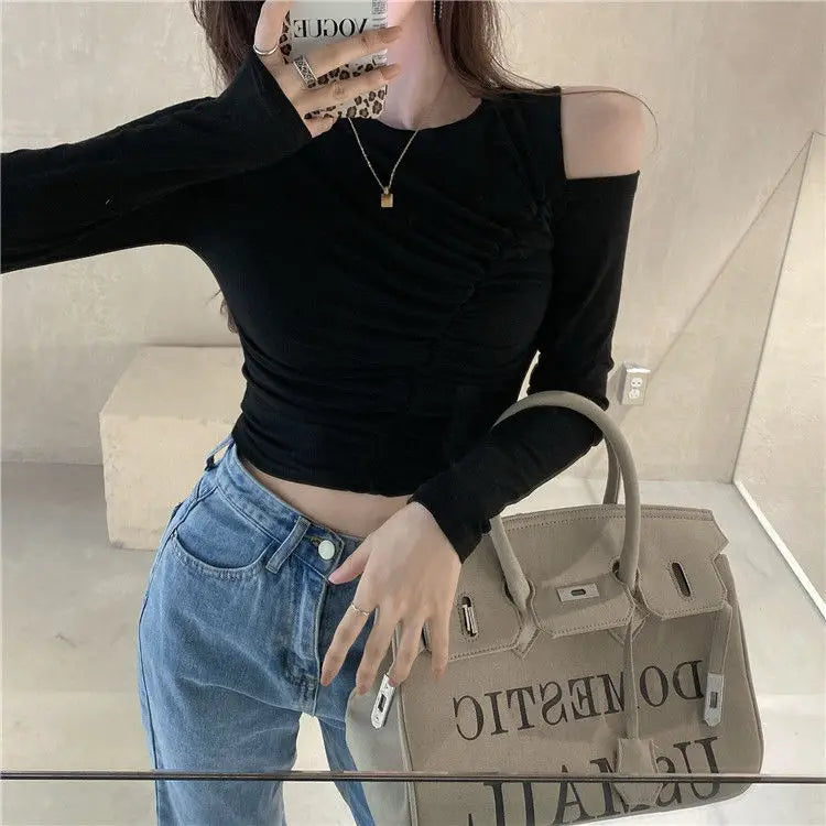 Women's T Shirts Off Shoulder Tees Sexy Plain Slim Black 2024 Tshirts 2000s Trend Female Tops Cool Wholesale Clothes Alt New In