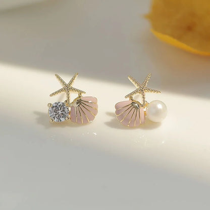 Fashion Asymmetric Ocean Style Earrings Stud  For Women Starfish Shell Earring Ear Ring Imitation Pearl Zircon Jewelry Gift