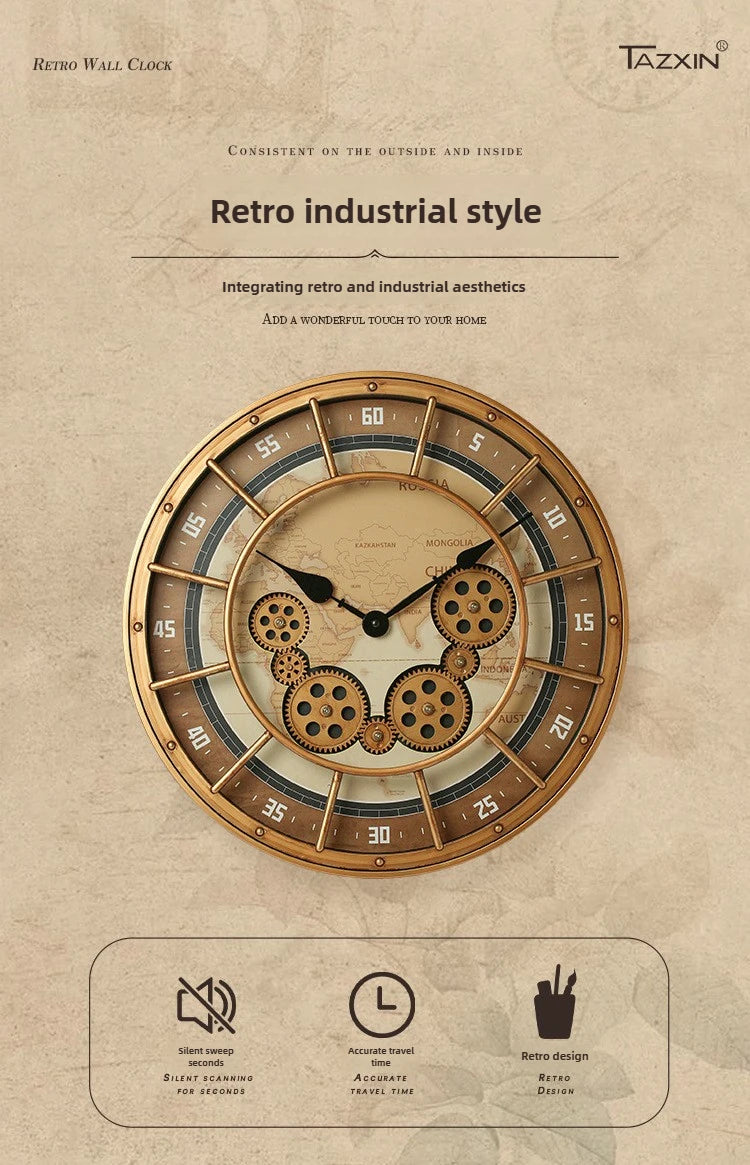 Fashions Gears Wall Clock Industrial Retro Wall Clock Living Room Decorative Wall Clock Stylish Silent Wall Clock Quartz Clock