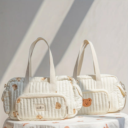 Mom'S Portable Diaper Bag with Bear Patch Durable Polyester Hand Washable Ideal for Travel and Daily Use Travel Diaper Bag