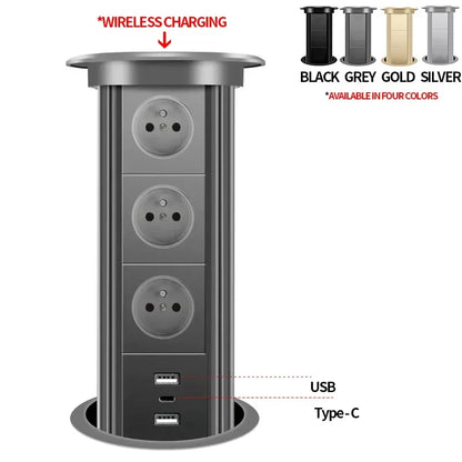 Motorized Pop up Tower Socket Wireless Charger Automatic Power Plug Desktop Worktop ,Eu Fr Socket USB Type-C Bluetooth Speaker