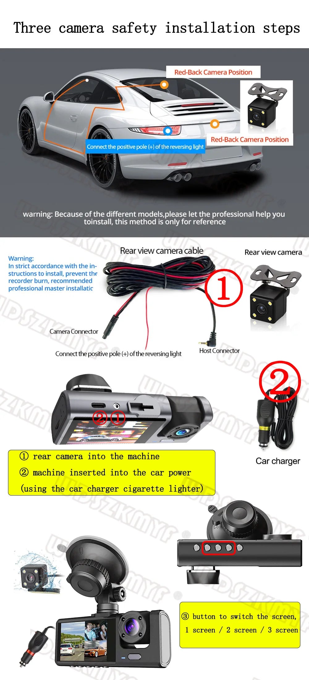 1080P Car Dvr 3 Camra Dash Cam for Cars Camera for Vehicle Recorder Video Front and Rear Camera W/ IR Night Vision Dashcam