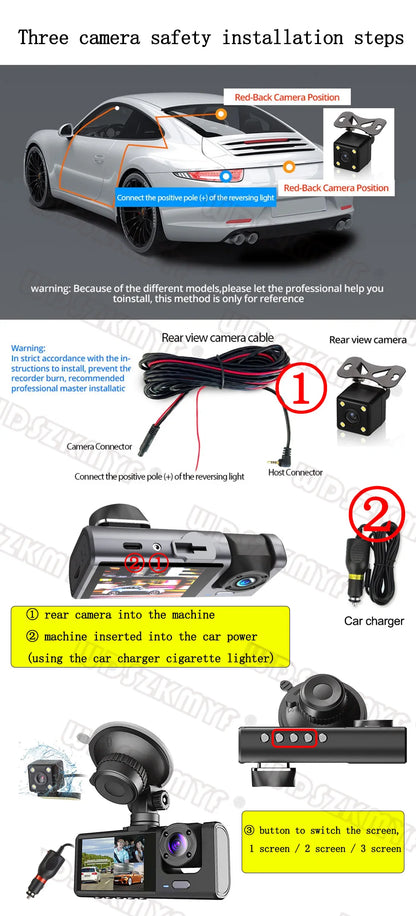 1080P Car Dvr 3 Camra Dash Cam for Cars Camera for Vehicle Recorder Video Front and Rear Camera W/ IR Night Vision Dashcam